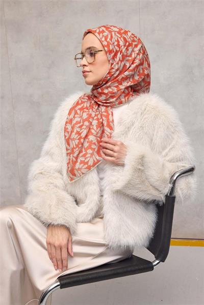 Pamuk Polyester Soft Eşarp Turuncu Çiçek Desenli Kaymaz Dokulu Tok Duruşlu 90x90