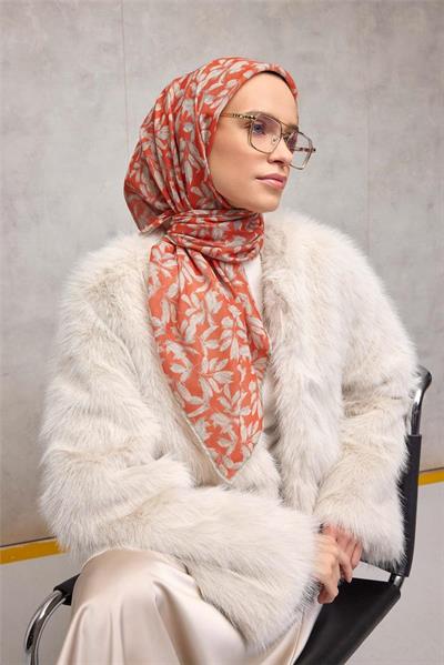 Pamuk Polyester Soft Eşarp Turuncu Çiçek Desenli Kaymaz Dokulu Tok Duruşlu 90x90