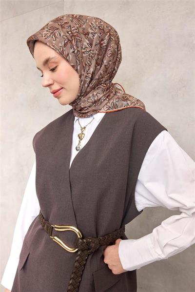 Pamuk Polyester Soft Eşarp Vizon Ton Çiçek Desenli Kaymaz Dokulu 90x90