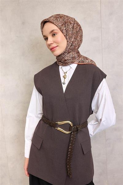 Pamuk Polyester Soft Eşarp Vizon Ton Çiçek Desenli Kaymaz Dokulu 90x90