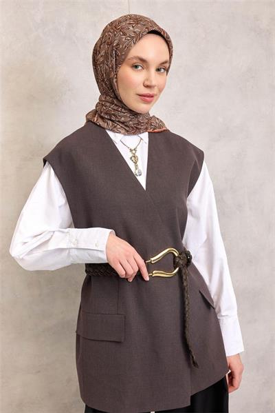 Pamuk Polyester Soft Eşarp Vizon Ton Çiçek Desenli Kaymaz Dokulu 90x90