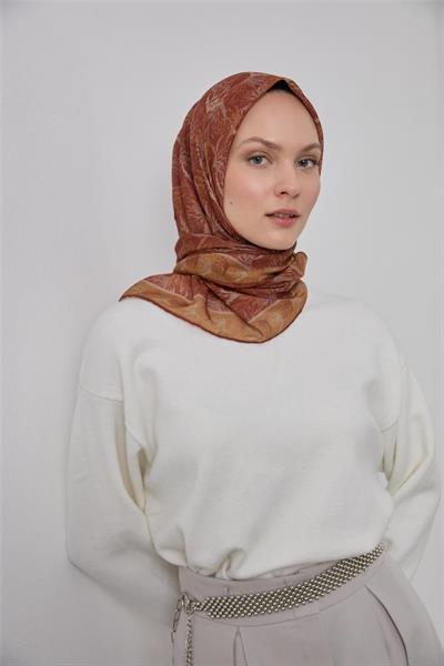 İnce Pamuk Soft Eşarp Kiremit Yaprak Desenli Hafif Dokulu 90x90