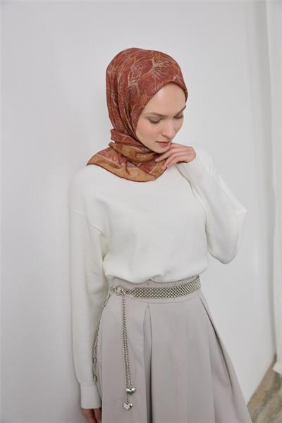 İnce Pamuk Soft Eşarp Kiremit Yaprak Desenli Hafif Dokulu 90x90