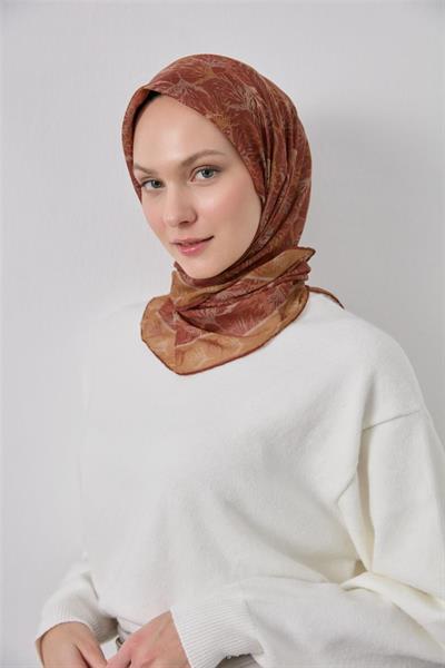 İnce Pamuk Soft Eşarp Kiremit Yaprak Desenli Hafif Dokulu 90x90