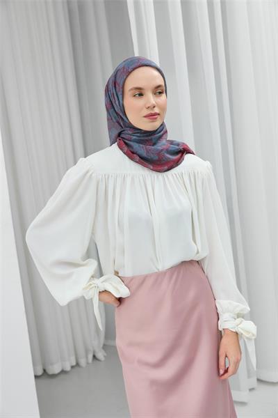 Soft Pamuk Eşarp Çelik Mavi Yaprak Desenli Hafif Tok Duruşlu 90x90