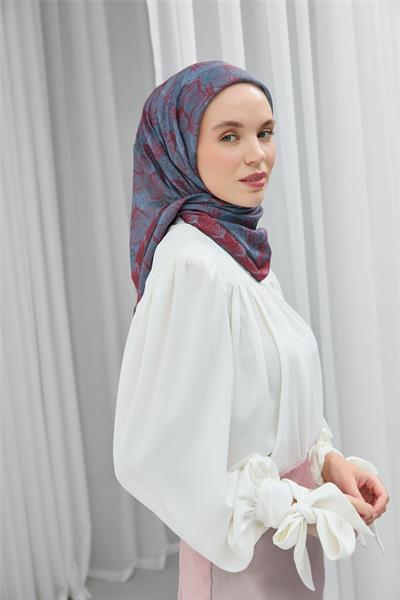Soft Pamuk Eşarp Çelik Mavi Yaprak Desenli Hafif Tok Duruşlu 90x90