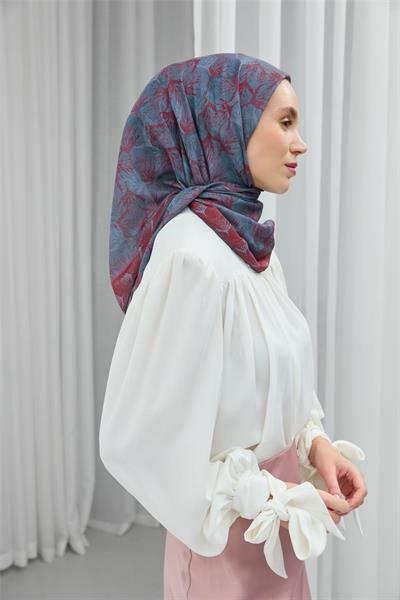 Soft Pamuk Eşarp Çelik Mavi Yaprak Desenli Hafif Tok Duruşlu 90x90