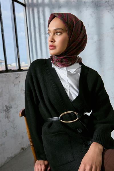 Soft Pamuk Eşarp Eflatun Haki Yeşil Geometrik Desenli Hafif Dokulu 90x90