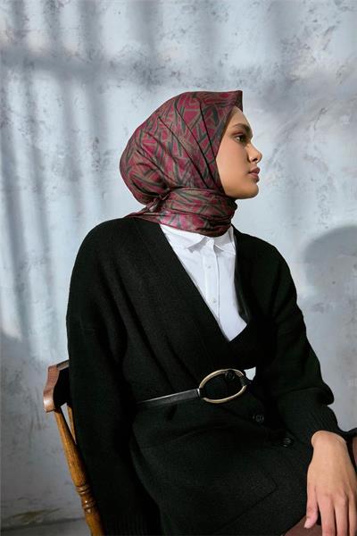 Soft Pamuk Eşarp Eflatun Haki Yeşil Geometrik Desenli Hafif Dokulu 90x90