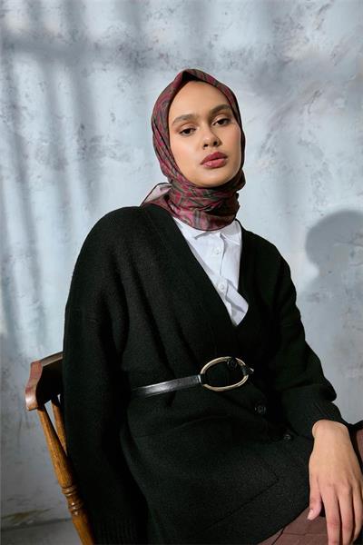 Soft Pamuk Eşarp Eflatun Haki Yeşil Geometrik Desenli Hafif Dokulu 90x90