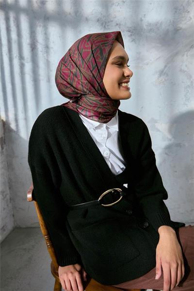 Soft Pamuk Eşarp Eflatun Haki Yeşil Geometrik Desenli Hafif Dokulu 90x90