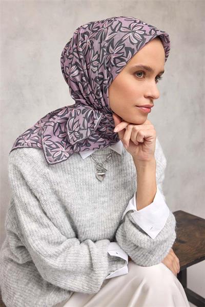 Pamuk Polyester Soft Eşarp Açık Pembe Flora Desenli Kaymaz Dokulu 90x90