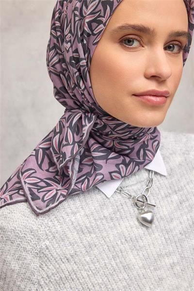 Pamuk Polyester Soft Eşarp Açık Pembe Flora Desenli Kaymaz Dokulu 90x90