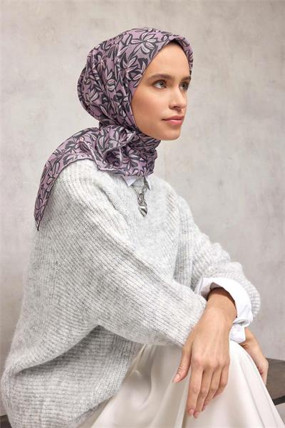 Pamuk Polyester Soft Eşarp Açık Pembe Flora Desenli Kaymaz Dokulu 90x90