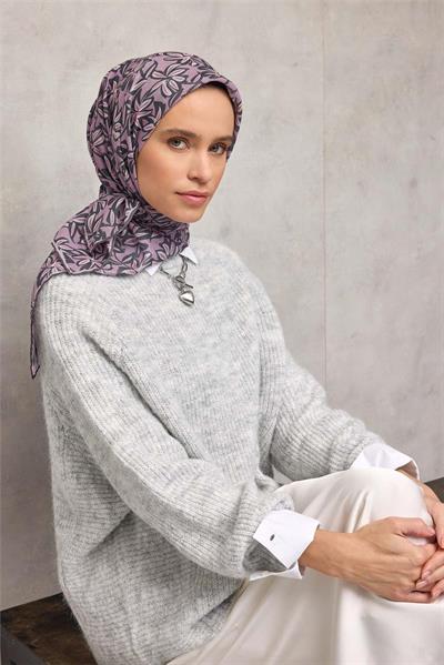 Pamuk Polyester Soft Eşarp Açık Pembe Flora Desenli Kaymaz Dokulu 90x90