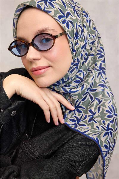 Pamuk Polyester Soft Eşarp Açık Asker Yeşili Flora Desenli Kaymaz Dokulu 90x90