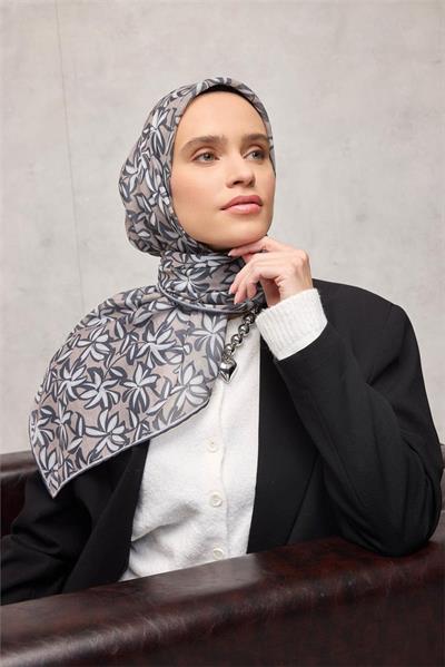 Pamuk Polyester Soft Eşarp Bej Flora Desenli Kaymaz Dokulu 90x90
