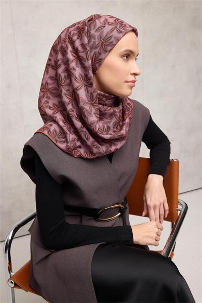 Pamuk Polyester Soft Eşarp Gül Kurusu Flora Desenli Kaymaz Dokulu 90x90