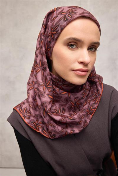 Pamuk Polyester Soft Eşarp Gül Kurusu Flora Desenli Kaymaz Dokulu 90x90