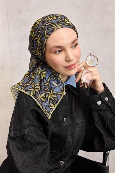 Pamuk Polyester Soft Eşarp Hardal Flora Desenli Kaymaz Dokulu 90x90