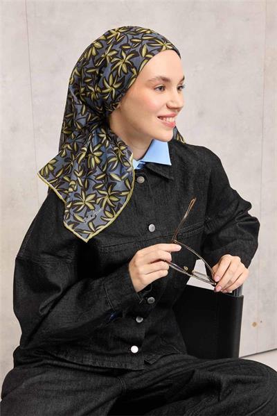Pamuk Polyester Soft Eşarp Hardal Flora Desenli Kaymaz Dokulu 90x90