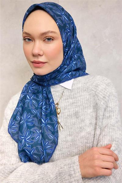 Pamuk Polyester Soft Eşarp Koyu Mavi Flora Desenli Kaymaz Dokulu 90x90