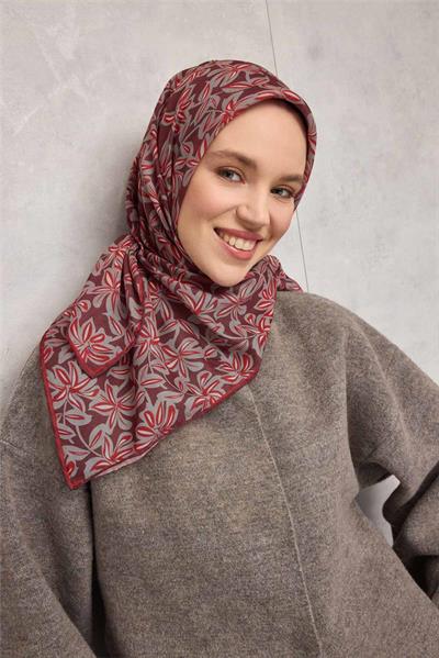 Pamuk Polyester Soft Eşarp Kiremit Bordo Flora Desenli Kaymaz Dokulu 90x90