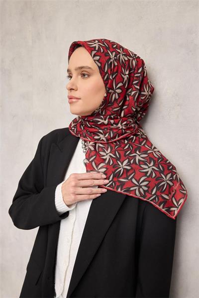 Pamuk Polyester Soft Eşarp Kiremit Kırmızı Flora Desenli Kaymaz Dokulu 90x90