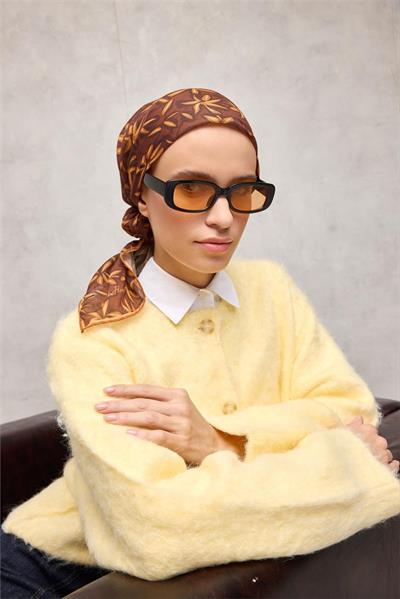 Pamuk Polyester Soft Eşarp Kahverengi Flora Desenli Kaymaz Dokulu 90x90