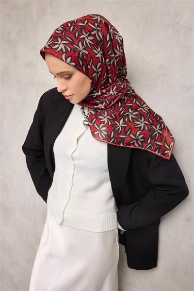 Pamuk Polyester Soft Eşarp Kiremit Kırmızı Flora Desenli Kaymaz Dokulu 90x90