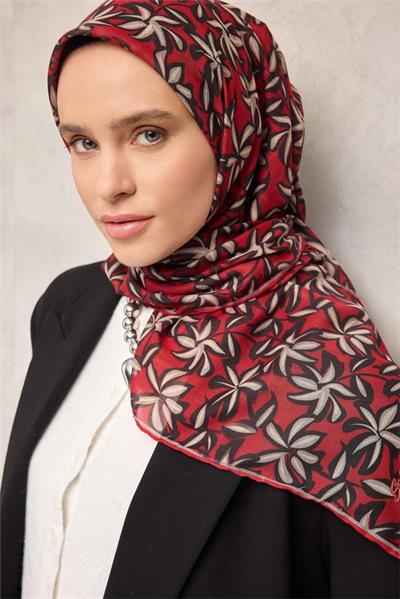 Pamuk Polyester Soft Eşarp Kiremit Kırmızı Flora Desenli Kaymaz Dokulu 90x90