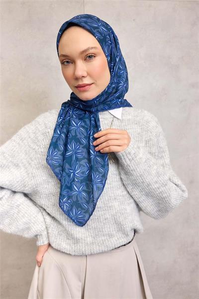 Pamuk Polyester Soft Eşarp Koyu Mavi Flora Desenli Kaymaz Dokulu 90x90