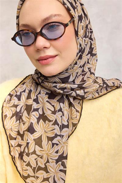 Pamuk Polyester Soft Eşarp Koyu Siyah Flora Desenli Kaymaz Dokulu 90x90