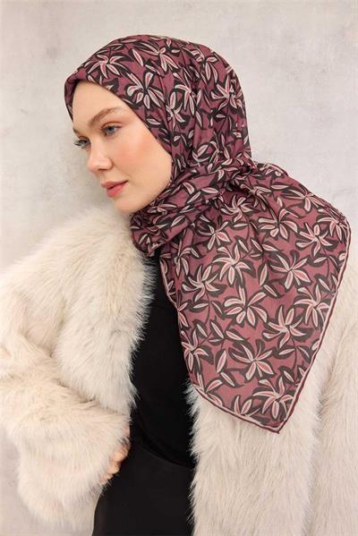 Pamuk Polyester Soft Eşarp Kiremit-Mürdüm Flora Desenli Kaymaz Dokulu 90x90