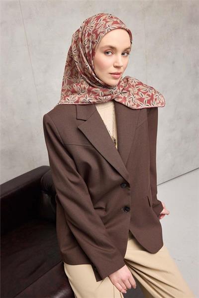 Pamuk Polyester Soft Eşarp Kiremit Flora Desenli Kaymaz Dokulu 90x90