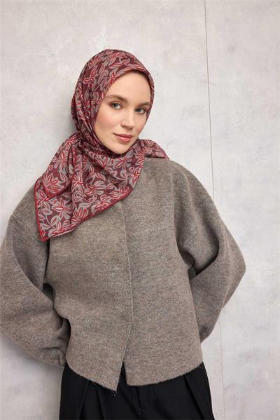 Pamuk Polyester Soft Eşarp Kiremit Bordo Flora Desenli Kaymaz Dokulu 90x90