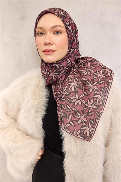 Pamuk Polyester Soft Eşarp Kiremit-Mürdüm Flora Desenli Kaymaz Dokulu 90x90