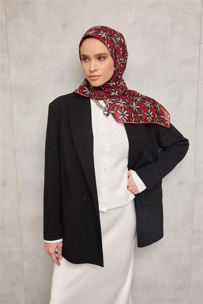 Pamuk Polyester Soft Eşarp Kiremit Kırmızı Flora Desenli Kaymaz Dokulu 90x90