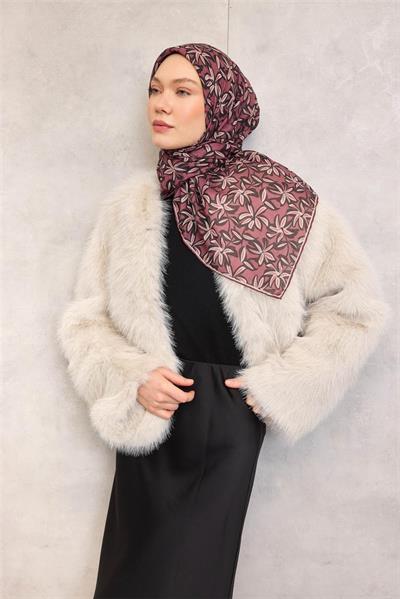 Pamuk Polyester Soft Eşarp Kiremit-Mürdüm Flora Desenli Kaymaz Dokulu 90x90