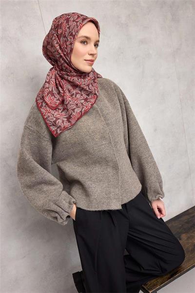 Pamuk Polyester Soft Eşarp Kiremit Bordo Flora Desenli Kaymaz Dokulu 90x90
