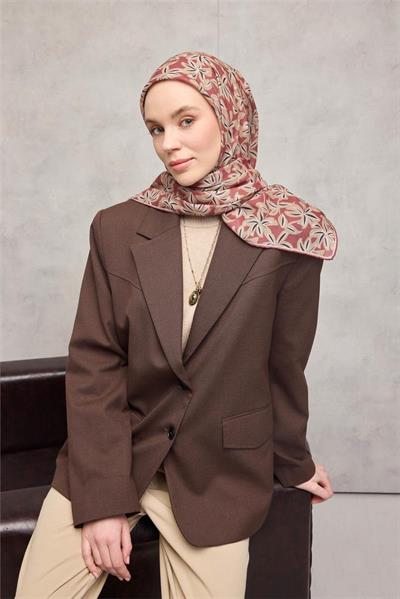 Pamuk Polyester Soft Eşarp Kiremit Flora Desenli Kaymaz Dokulu 90x90