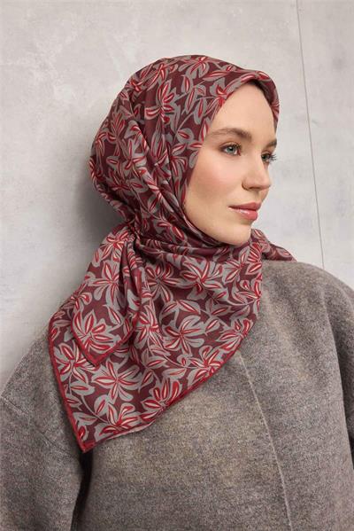 Pamuk Polyester Soft Eşarp Kiremit Bordo Flora Desenli Kaymaz Dokulu 90x90
