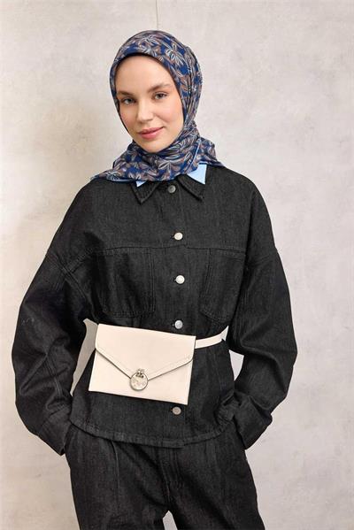 Pamuk Polyester Soft Eşarp Mavi Flora Desenli Kaymaz Dokulu 90x90