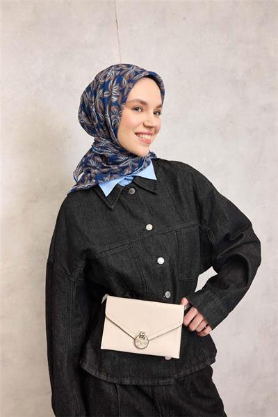 Pamuk Polyester Soft Eşarp Mavi Flora Desenli Kaymaz Dokulu 90x90