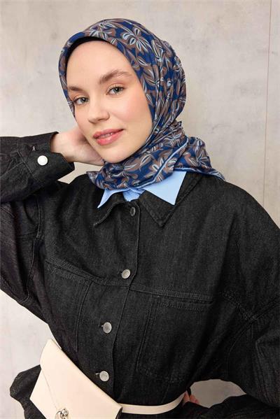 Pamuk Polyester Soft Eşarp Mavi Flora Desenli Kaymaz Dokulu 90x90