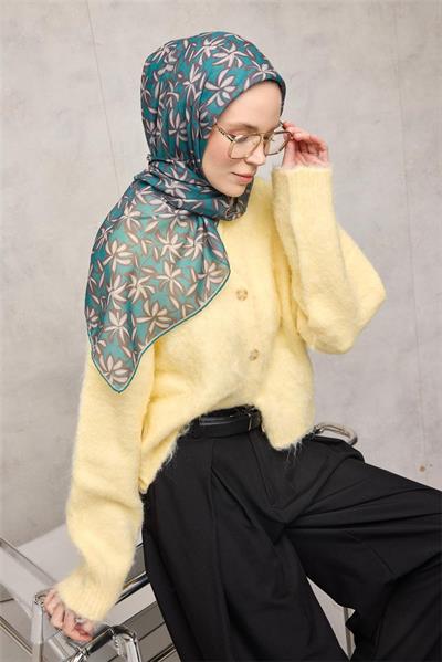 Pamuk Polyester Soft Eşarp Patina Yeşili Flora Desenli Kaymaz Dokulu 90x90