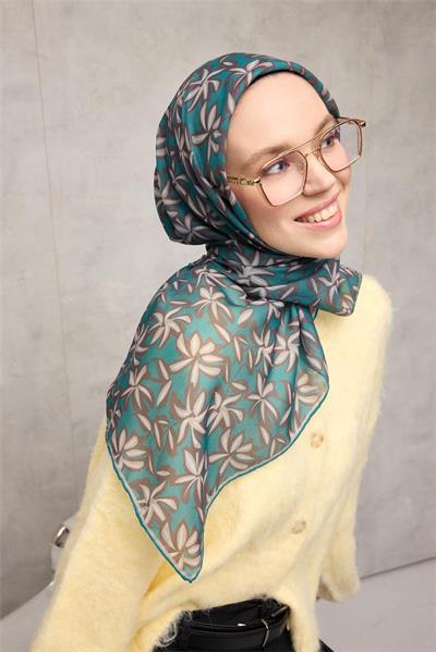 Pamuk Polyester Soft Eşarp Patina Yeşili Flora Desenli Kaymaz Dokulu 90x90