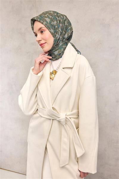Pamuk Polyester Soft Eşarp Soluk Yeşil Flora Desenli Kaymaz Dokulu 90x90