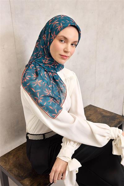 Pamuk Polyester Soft Eşarp Turuncu Flora Desenli Kaymaz Dokulu 90x90