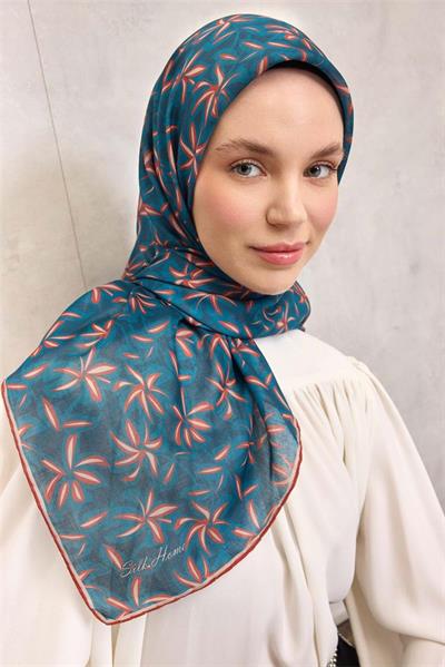 Pamuk Polyester Soft Eşarp Turuncu Flora Desenli Kaymaz Dokulu 90x90